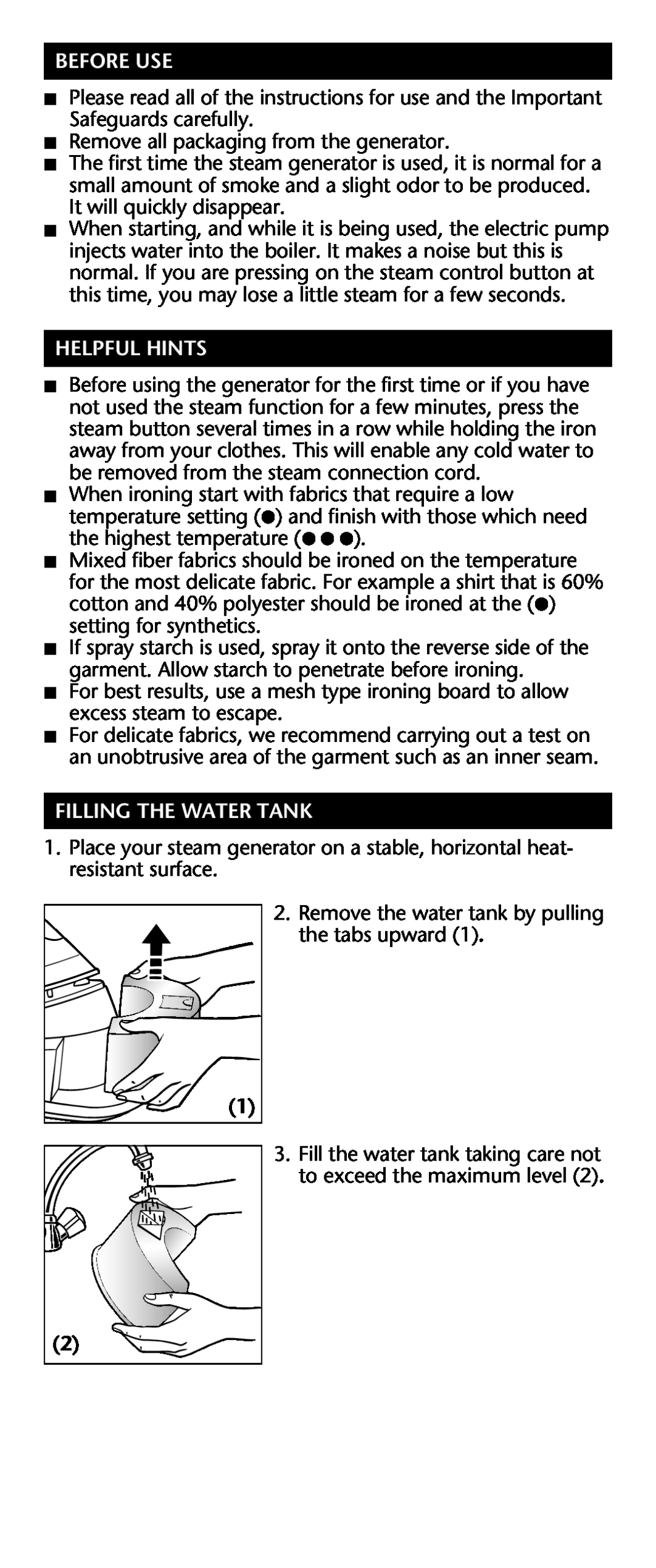 Rowenta Werke manual Before Use, Helpful Hints, Filling The Water Tank 