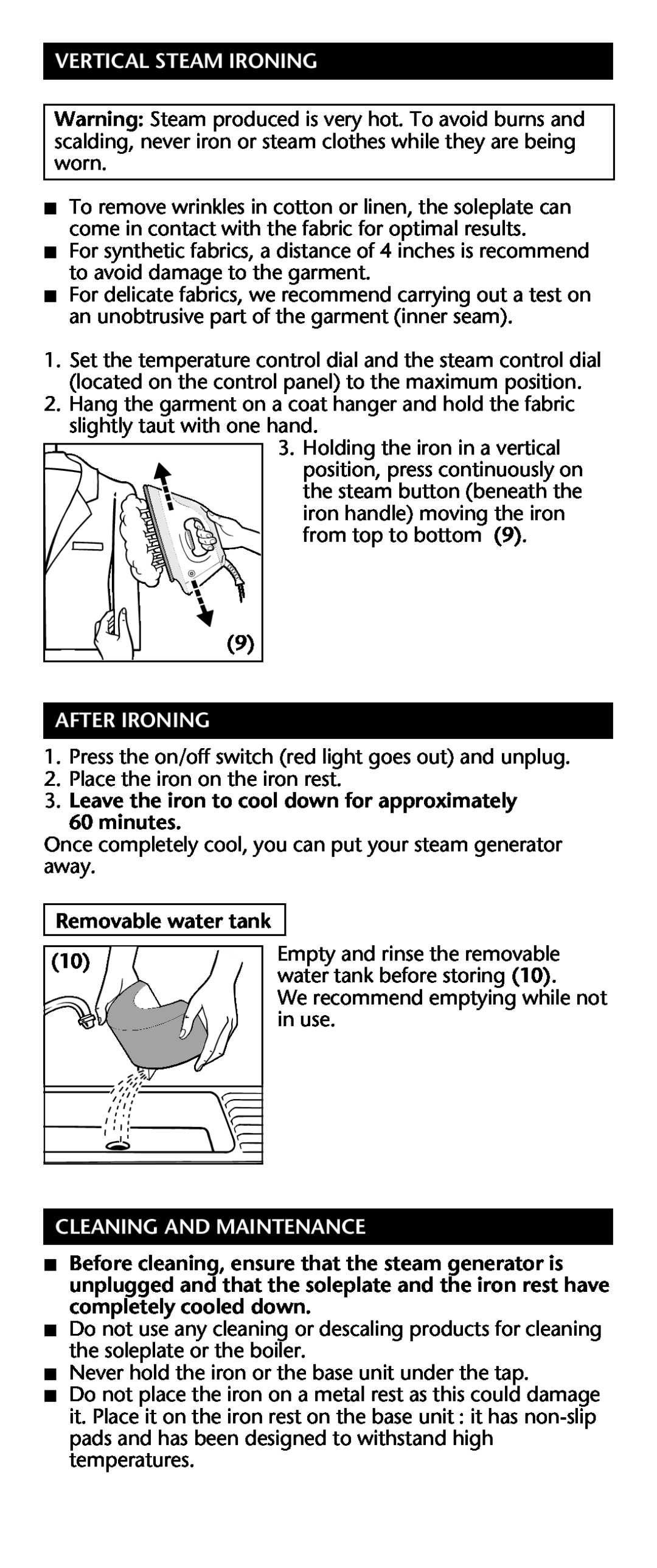 Rowenta Werke manual Vertical Steam Ironing, After Ironing, Leave the iron to cool down for approximately 60 minutes 