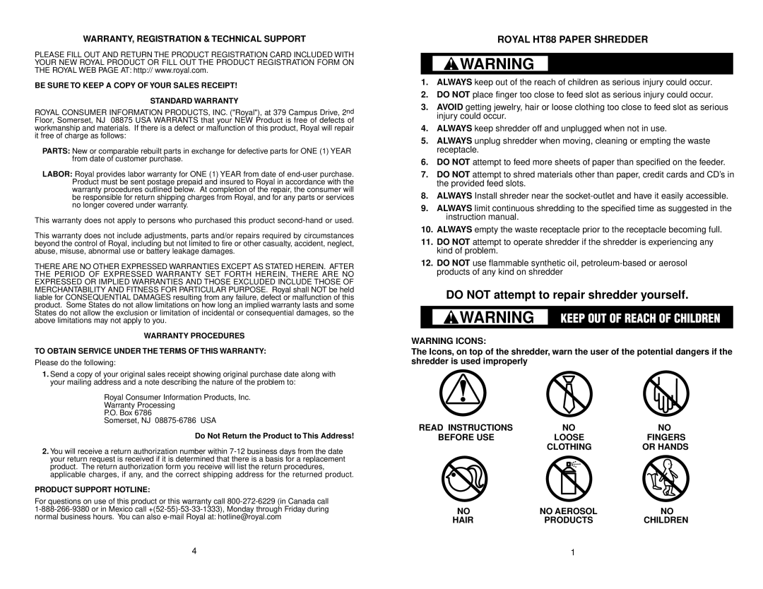 Royal Appliance 112MX operation manual Do not attempt to repair shredder yourself 