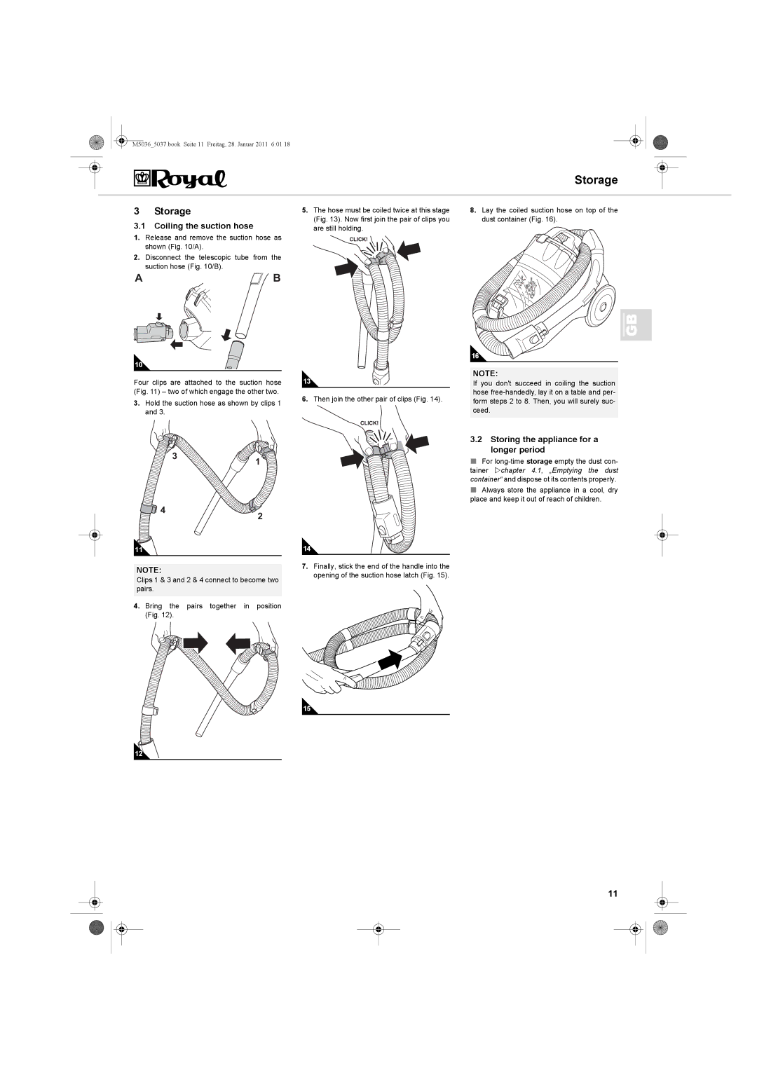 Royal Appliance M5036_5037 manual Storage, Coiling the suction hose, Storing the appliance for a longer period 