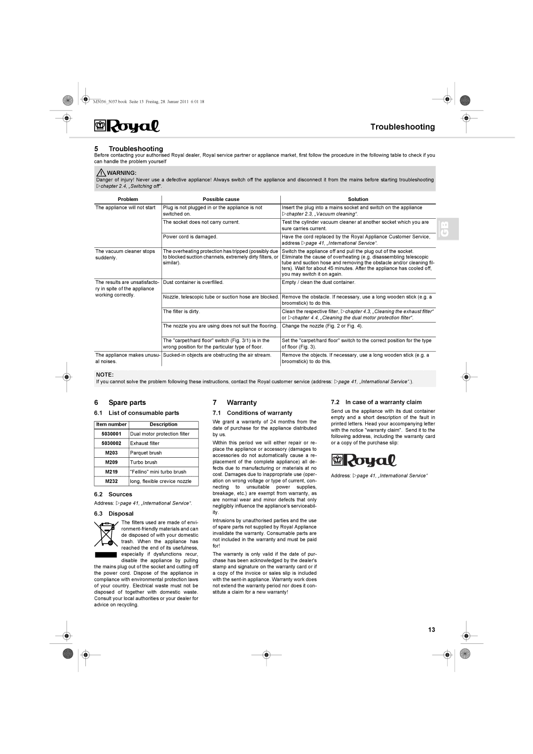 Royal Appliance M5036_5037 manual Troubleshooting, Spare parts, Warranty 