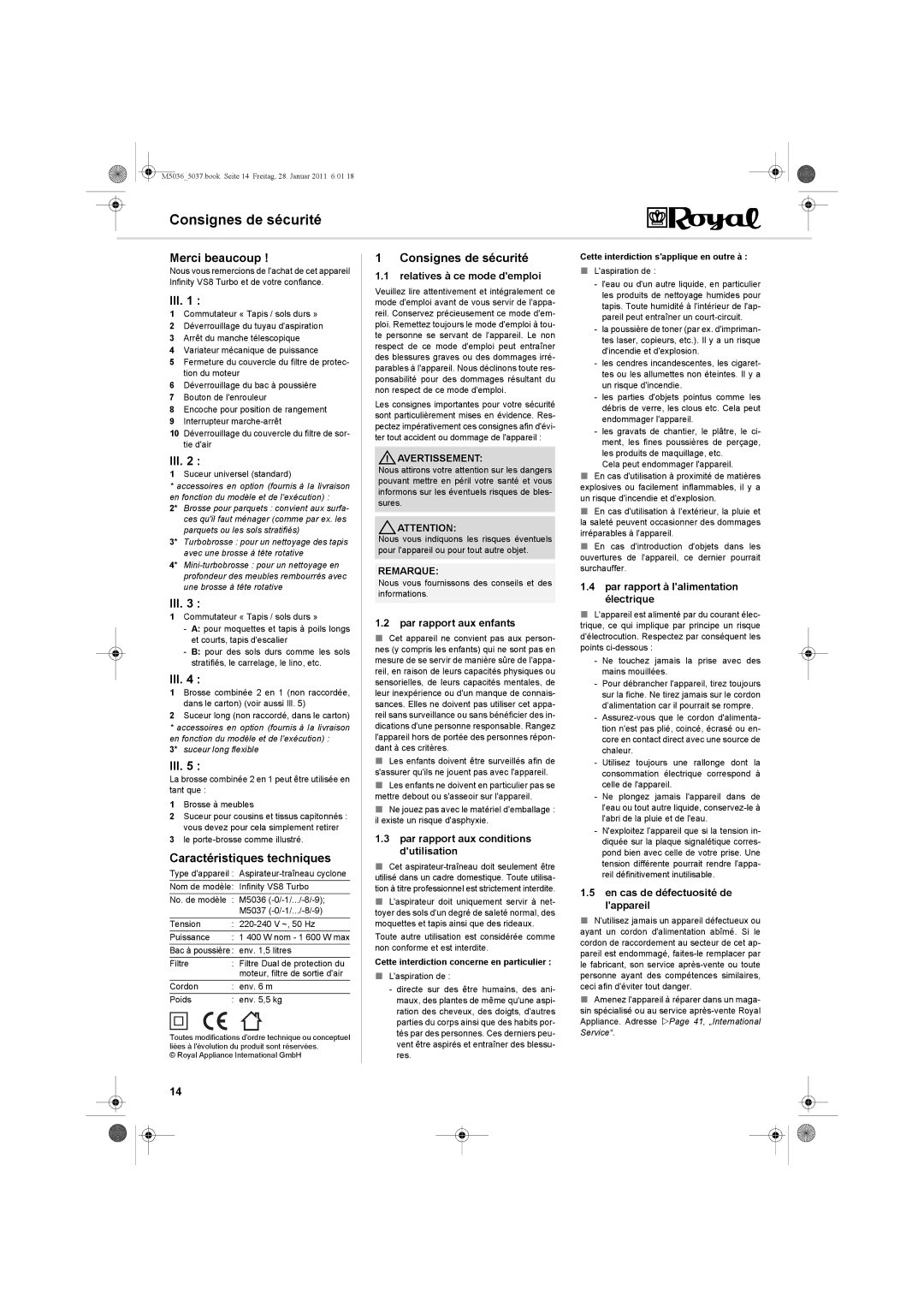 Royal Appliance M5036_5037 manual Consignes de sécurité, Merci beaucoup, Ill, Caractéristiques techniques 