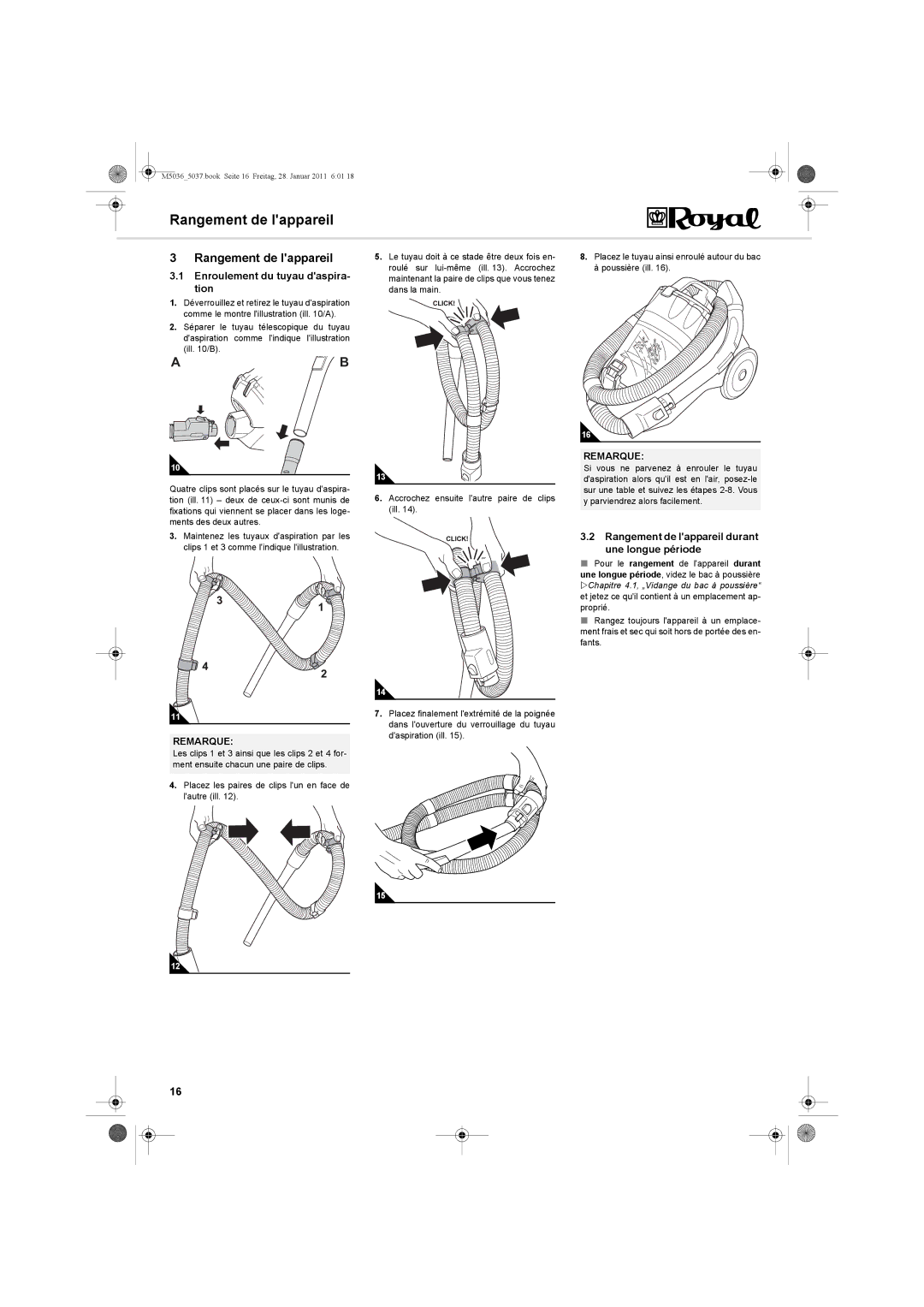 Royal Appliance M5036_5037 manual Rangement de lappareil, Enroulement du tuyau daspira- tion 