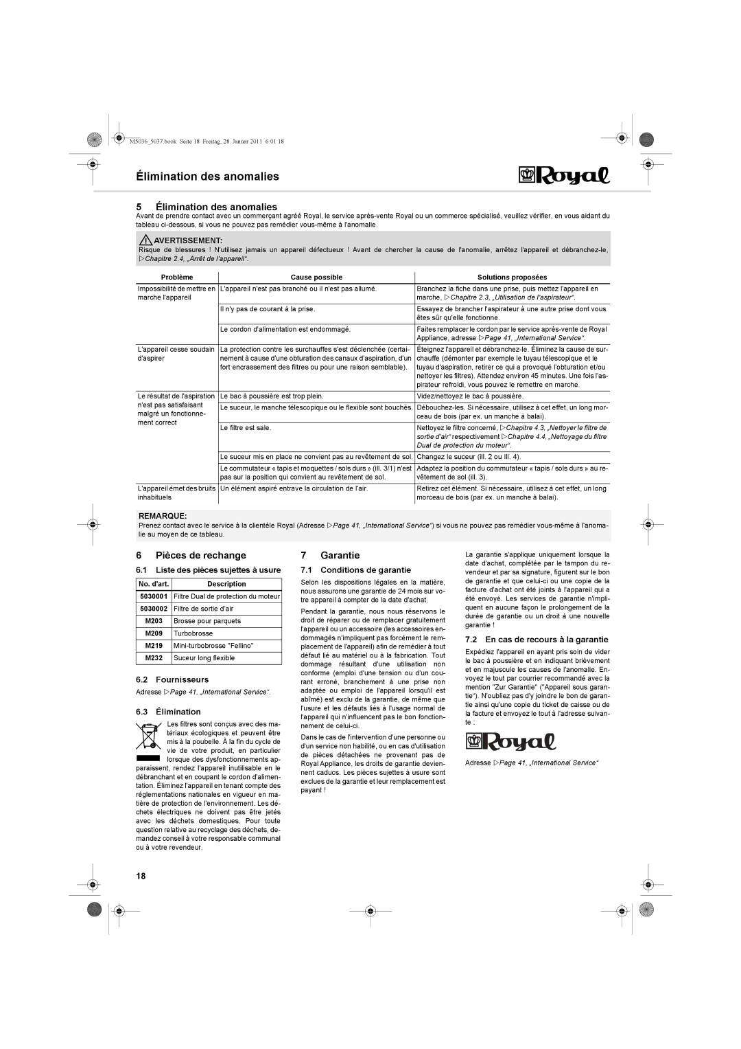 Royal Appliance M5036_5037 manual Élimination des anomalies, Pièces de rechange 