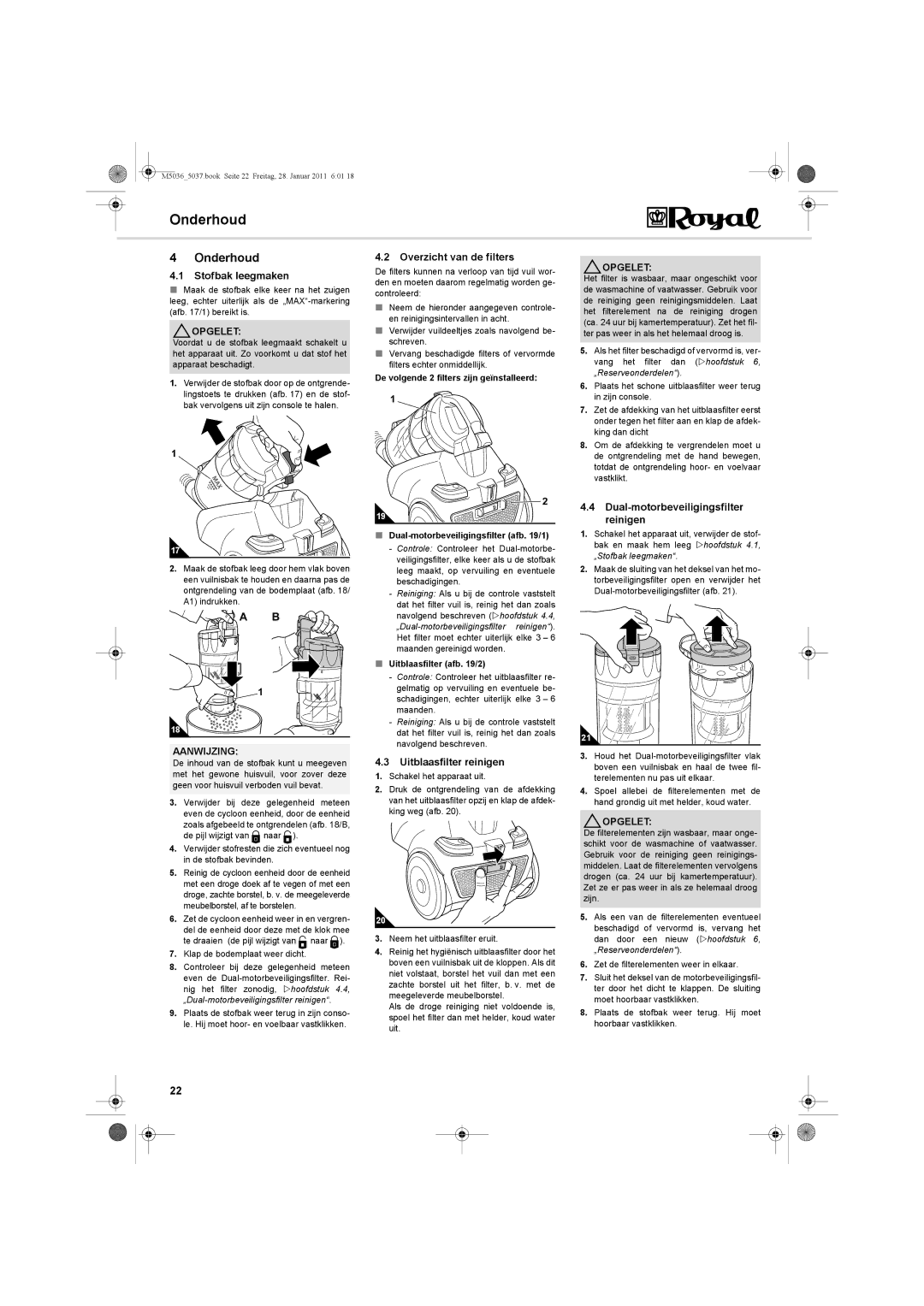 Royal Appliance M5036_5037 manual Onderhoud, Stofbak leegmaken, Overzicht van de filters, Uitblaasfilter reinigen 