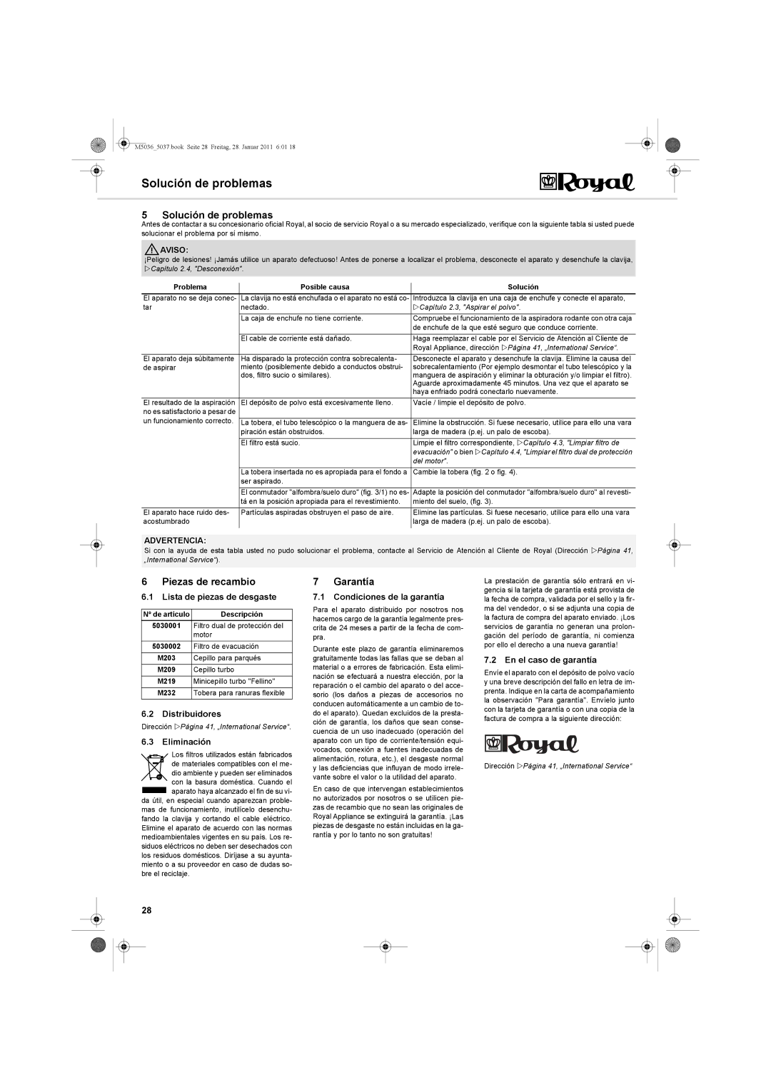 Royal Appliance M5036_5037 manual Solución de problemas, Piezas de recambio, Garantía 