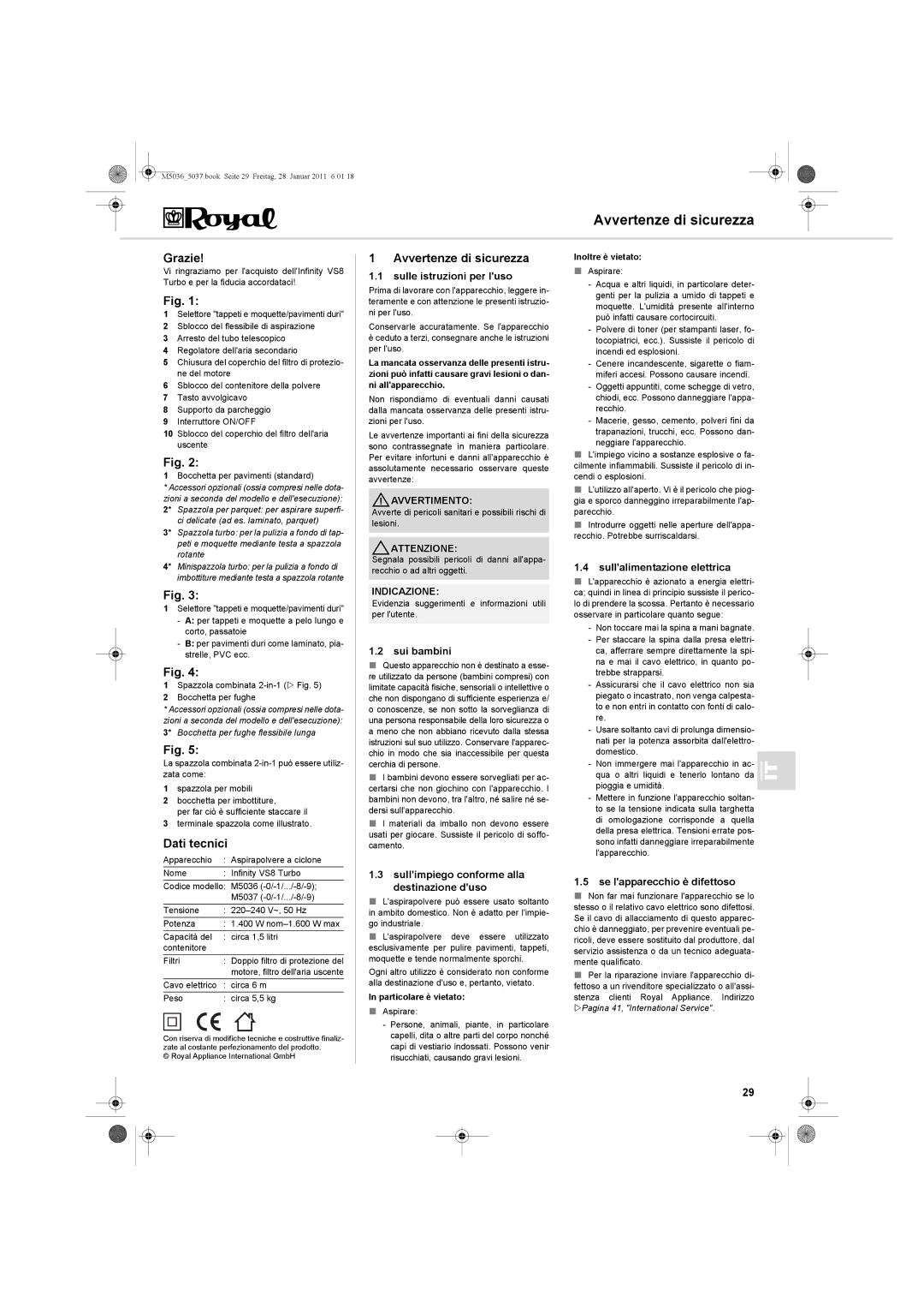 Royal Appliance M5036_5037 manual Avvertenze di sicurezza, Grazie, Dati tecnici 