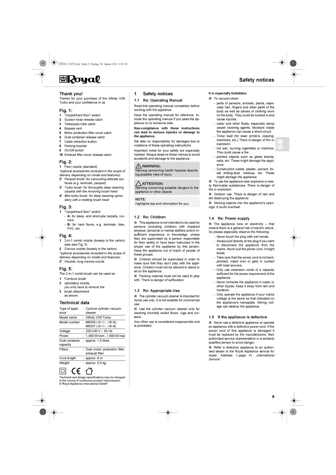 Royal Appliance M5036_5037 manual Safety notices, Thank you, Technical data 