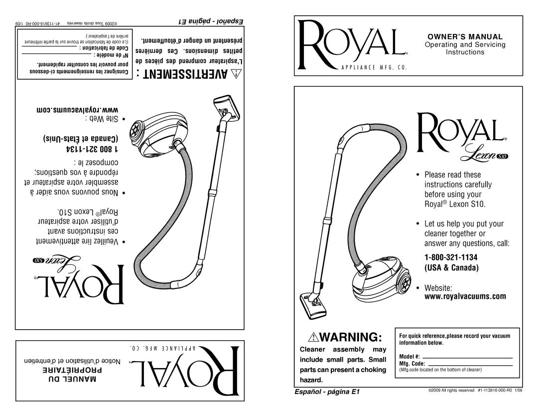 Royal Appliance S10 owner manual De pièces des comprend Laspirateur, Fabrication de Code 