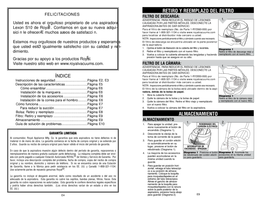 Royal Appliance S10 owner manual Retiro y reemplazo del filtro, Almacenamiento, Filtro DE Descarga, Filtro DE LA Cámara 