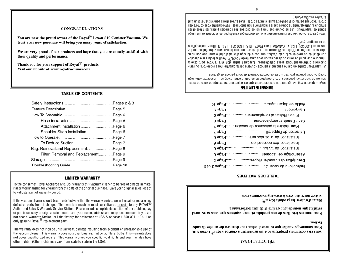 Royal Appliance S10 owner manual Table of CONTENTs, Matières DES Table 