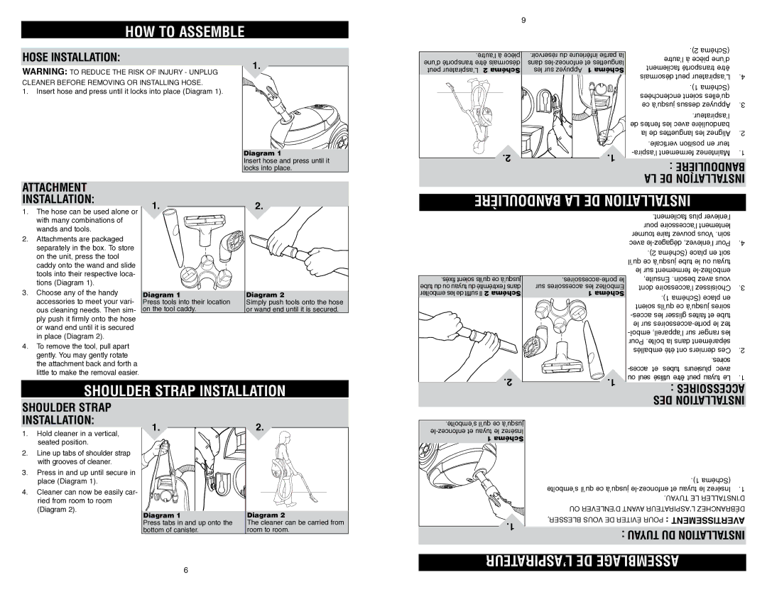 Royal Appliance S10 owner manual HOW to Assemble, Bandoulière LA DE Installation, Shoulder Strap Installation 