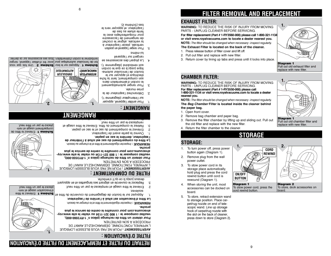 Royal Appliance S10 owner manual Filter removal and replacement, Storage, Exhaust filter, CHamber filter 