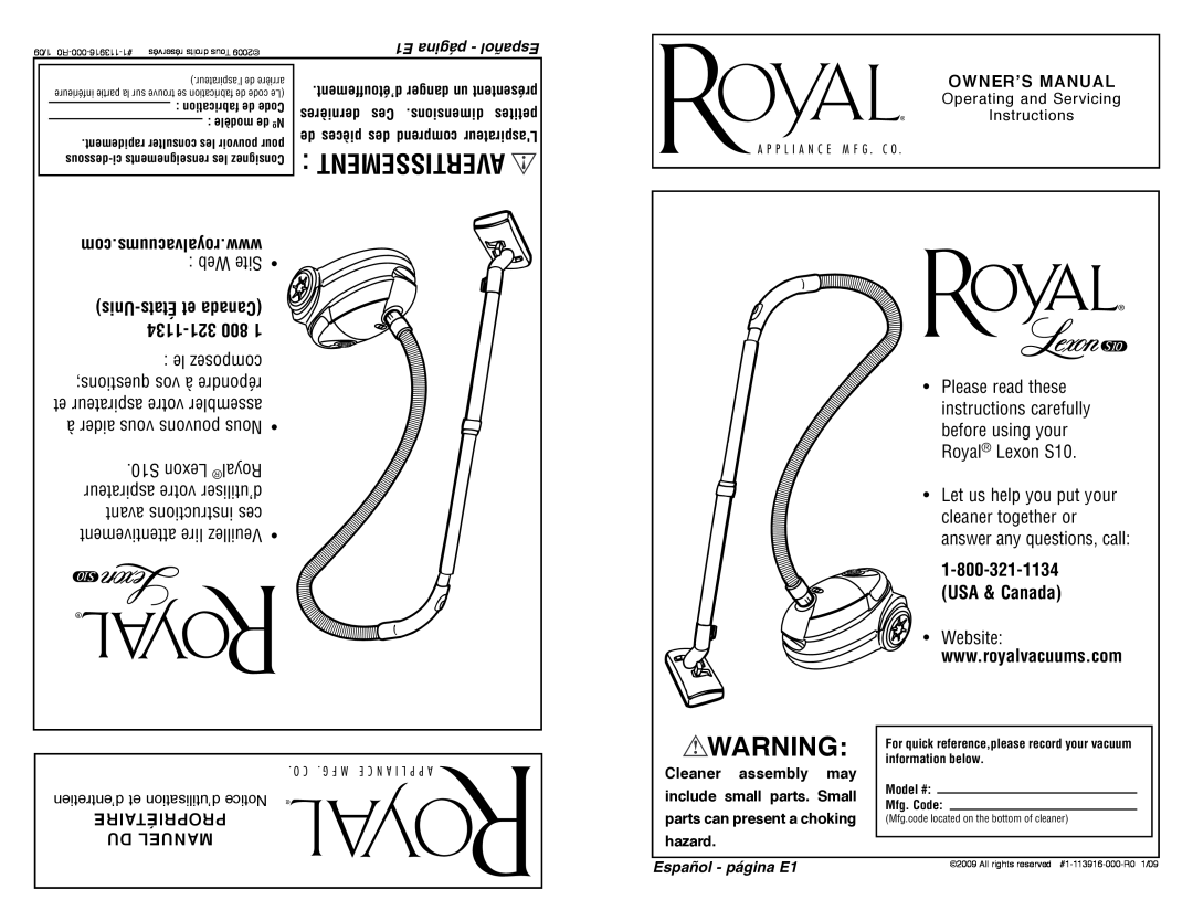 Royal Appliance S10 owner manual Avertissement, com.royalvacuums.www, Web Site, Unis-Étatset Canada, 1134-321800 