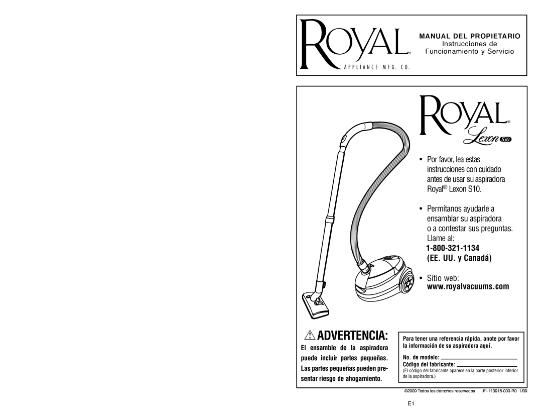 Royal Appliance S10 owner manual Advertencia, Manual Del Propietario, No. de modelo Código del fabricante 