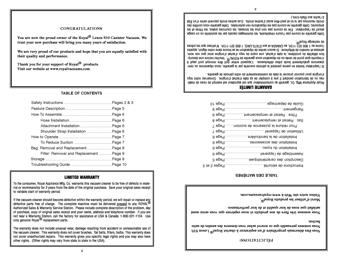Royal Appliance S10 owner manual Limited Warranty, Limitée Garantie, TABLE OF CONTENTs, Matières Des Table 