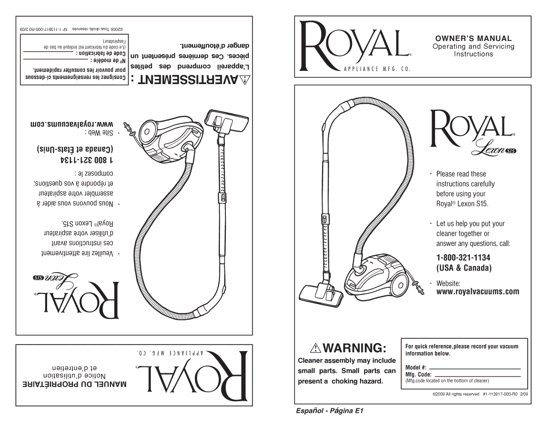 Royal Appliance S15 owner manual Avertissement, Fabrication de Code, Modèle de ºN 