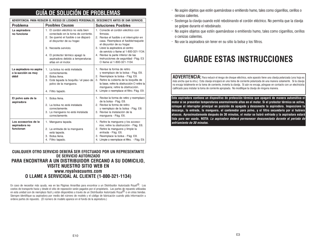 Royal Appliance S15 owner manual Guía DE Solución DE Problemas, Llame a Servicioal al Cliente 