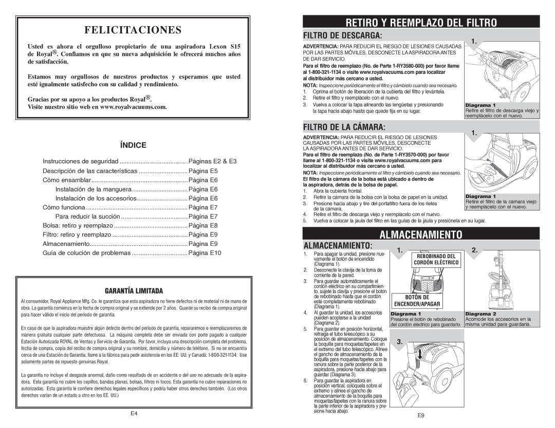 Royal Appliance S15 owner manual Retiro Y Reemplazo DEL Filtro, Almacenamiento, Filtro DE Descarga, Filtro DE LA Cámara 