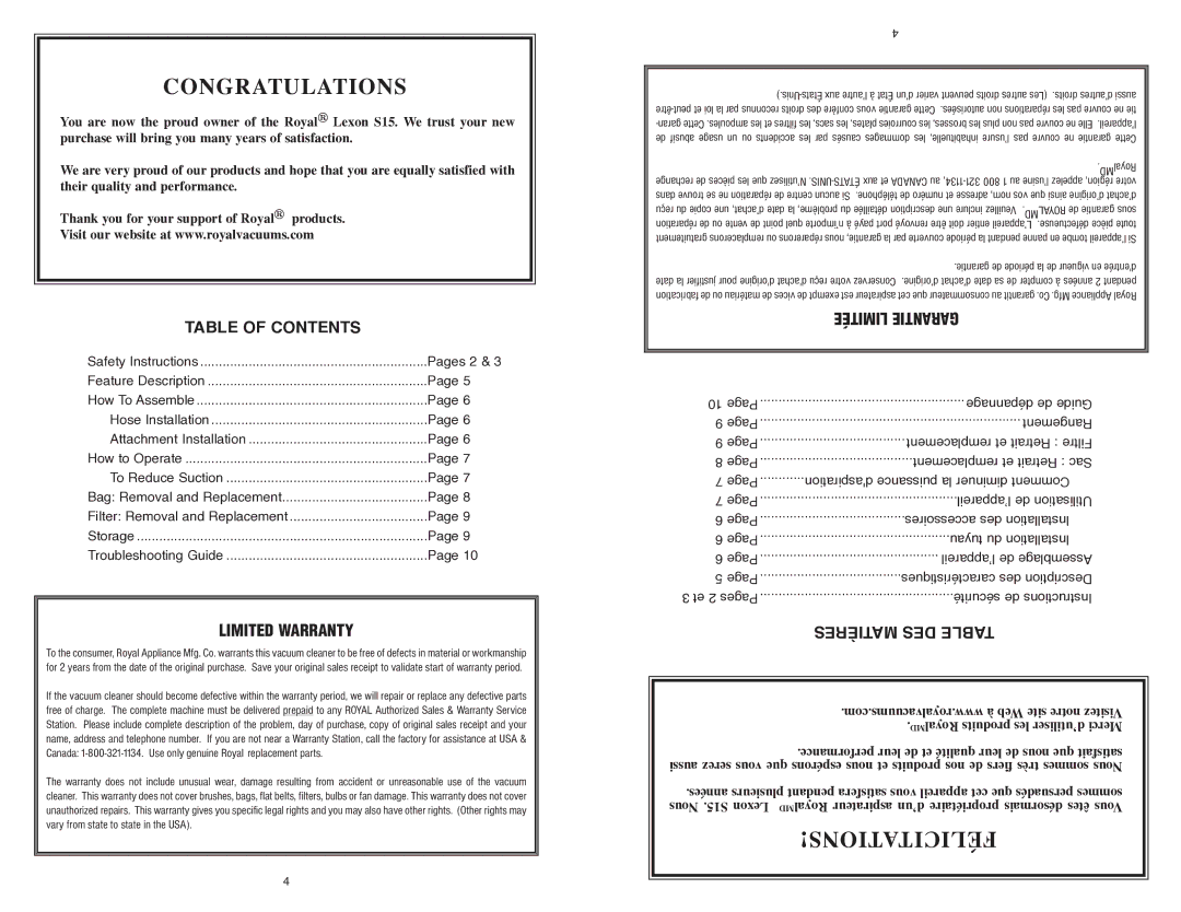 Royal Appliance S15 owner manual Table of Contents, Limited Warranty, Limitée Garantie, Matières DES Table 