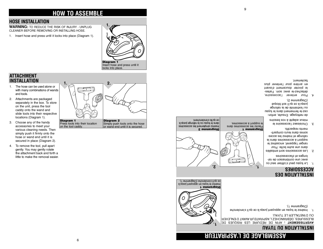 Royal Appliance S15 HOW to Assemble, ’ASPIRATEUR DE Assemblage, Hose Installation, Attachment Installation, Accessoires 