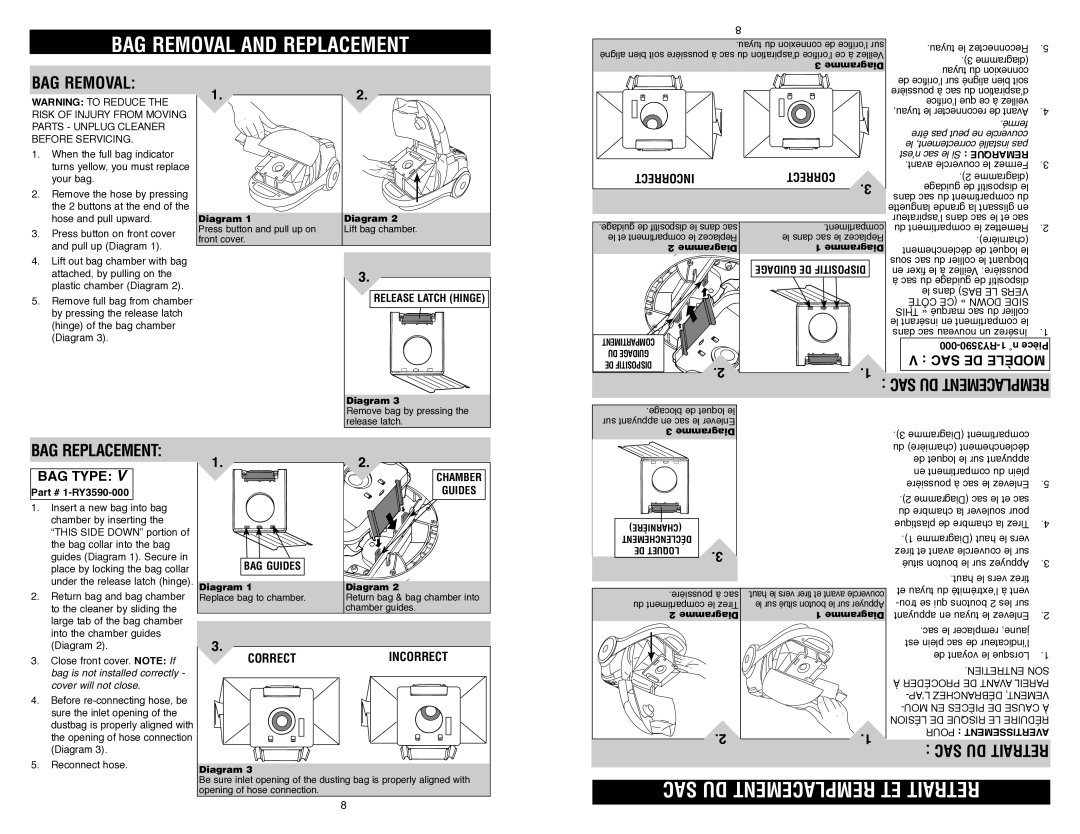 Royal Appliance S15 owner manual Bag Removal, Bag Replacement, SAC DU Retrait, RY3590-000 