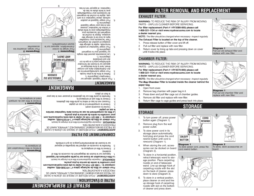 Royal Appliance S15 owner manual Remplacement ET Retrait, Rangement, CHamber filter, Storage 