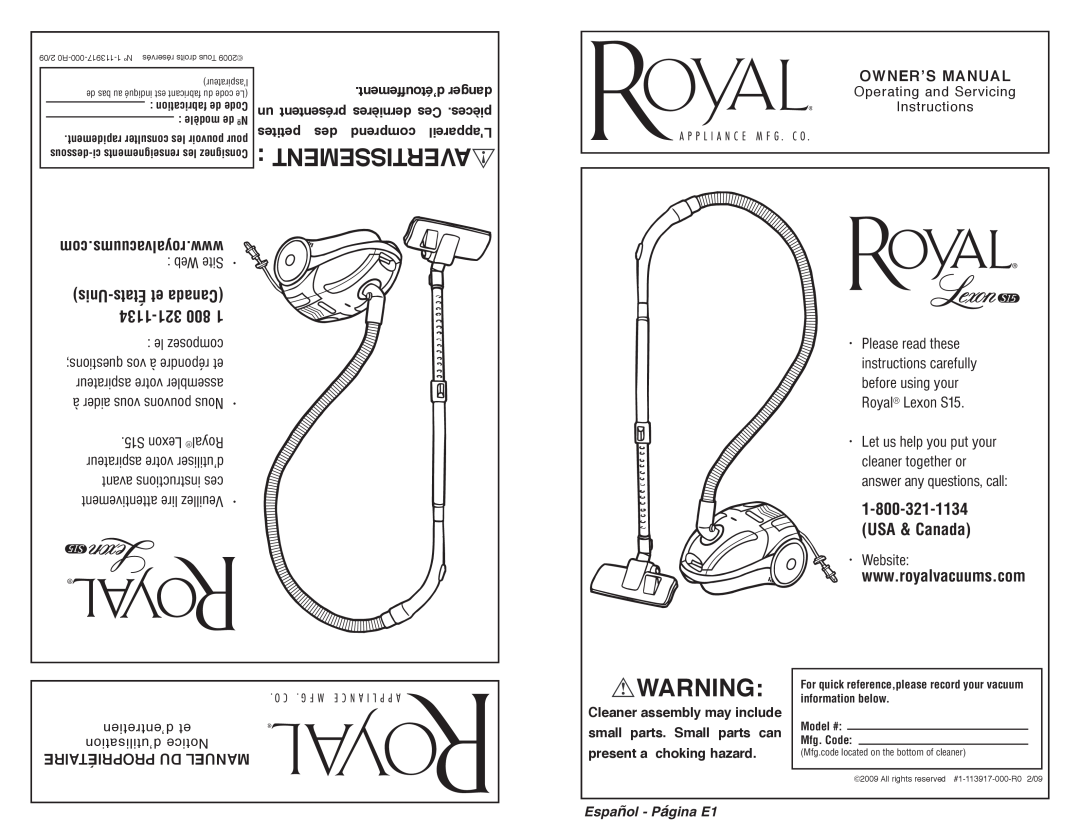 Royal Appliance S15 owner manual Avertissement, com.royalvacuums.www, 1134-321800, un présentent dernières Ces .pièces 