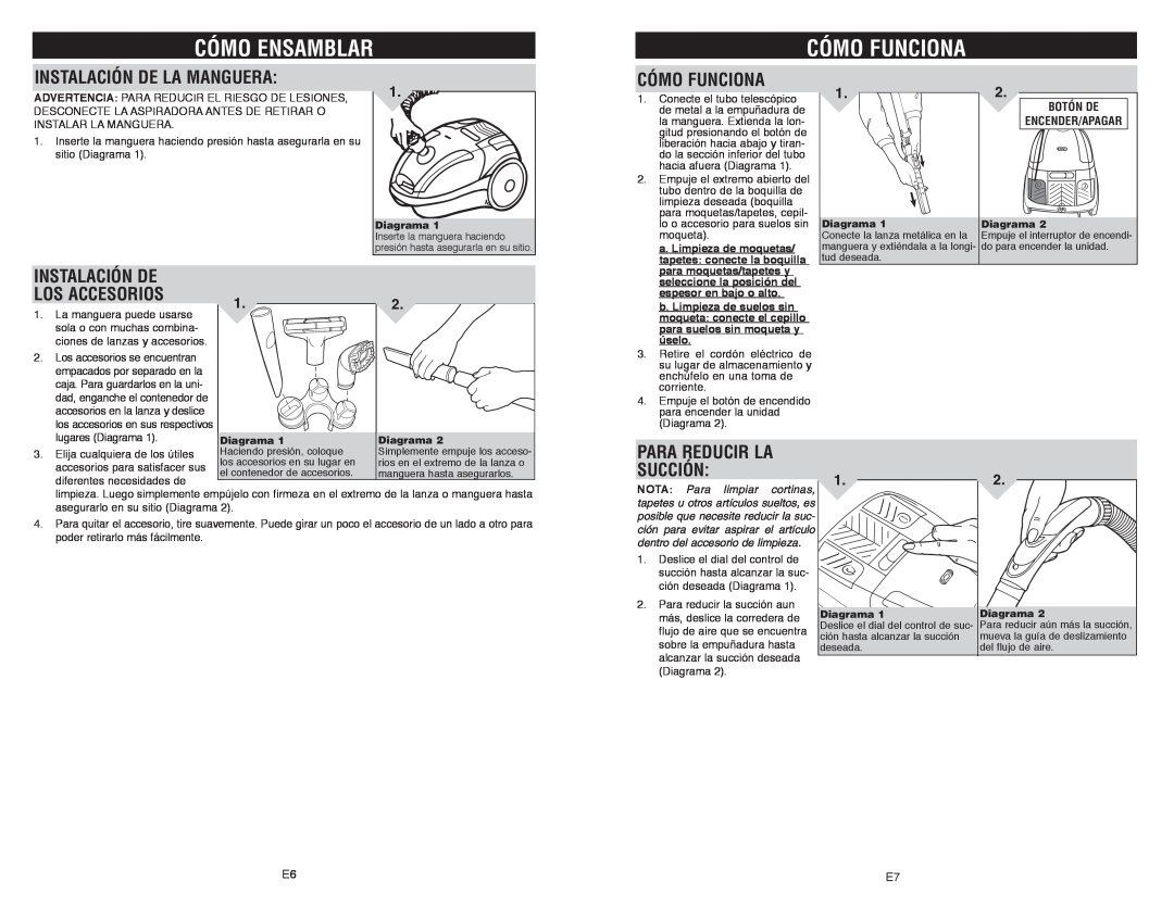 Royal Appliance S15 owner manual Cómo Ensamblar, Cómo Funciona, Instalación De La Manguera, Instalación De Los Accesorios 