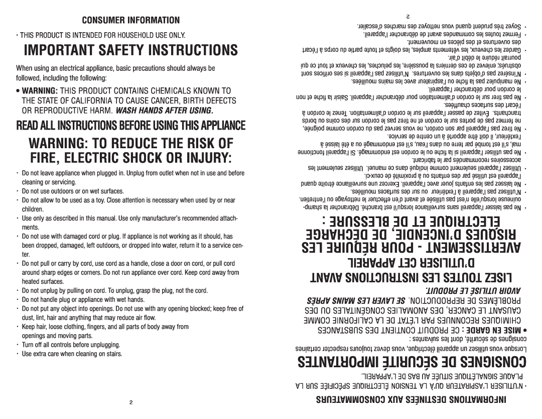 Royal Appliance S15 Important Safety Instructions, Blessure De Et Électrique, Décharge De D’Incendie, Risques, Apr Ès 