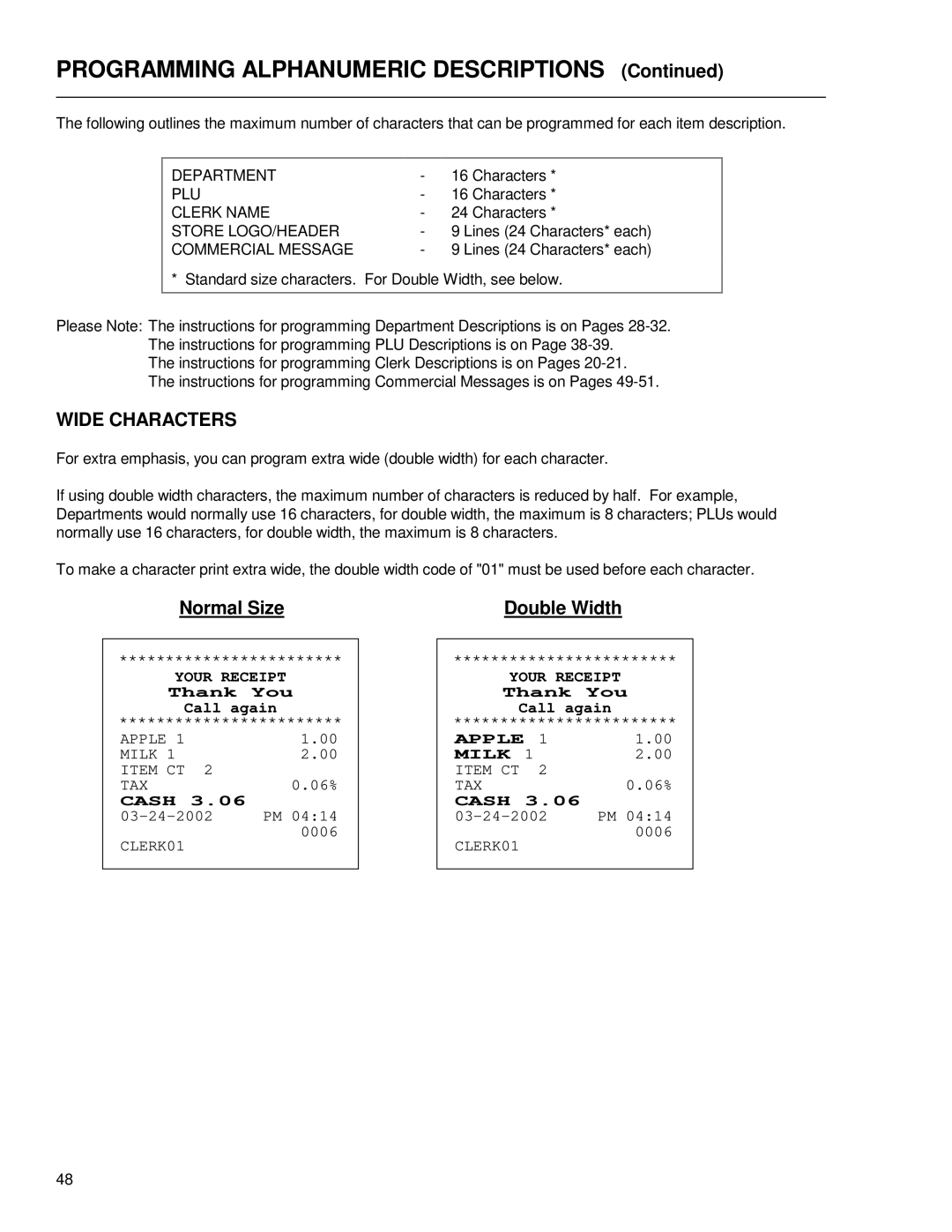 Royal Consumer Information Products ALPHA9155SC manual Wide Characters, Commercial Message 