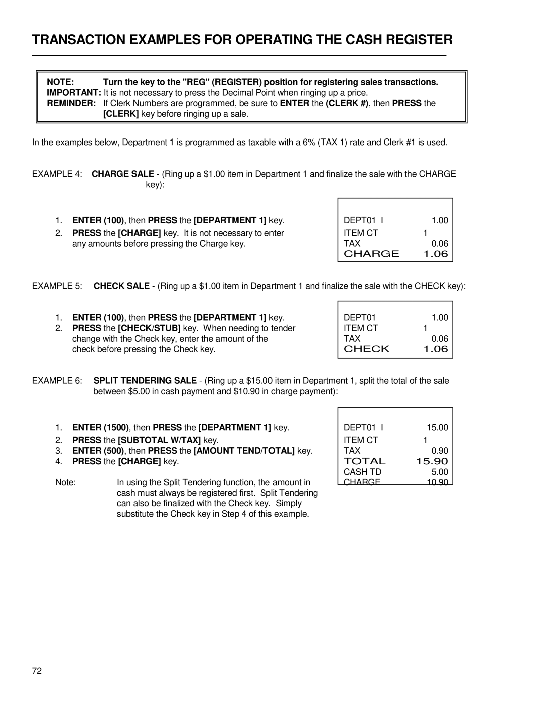 Royal Consumer Information Products ALPHA9155SC manual Enter 1500 , then Press the Department 1 key, Press the Charge key 