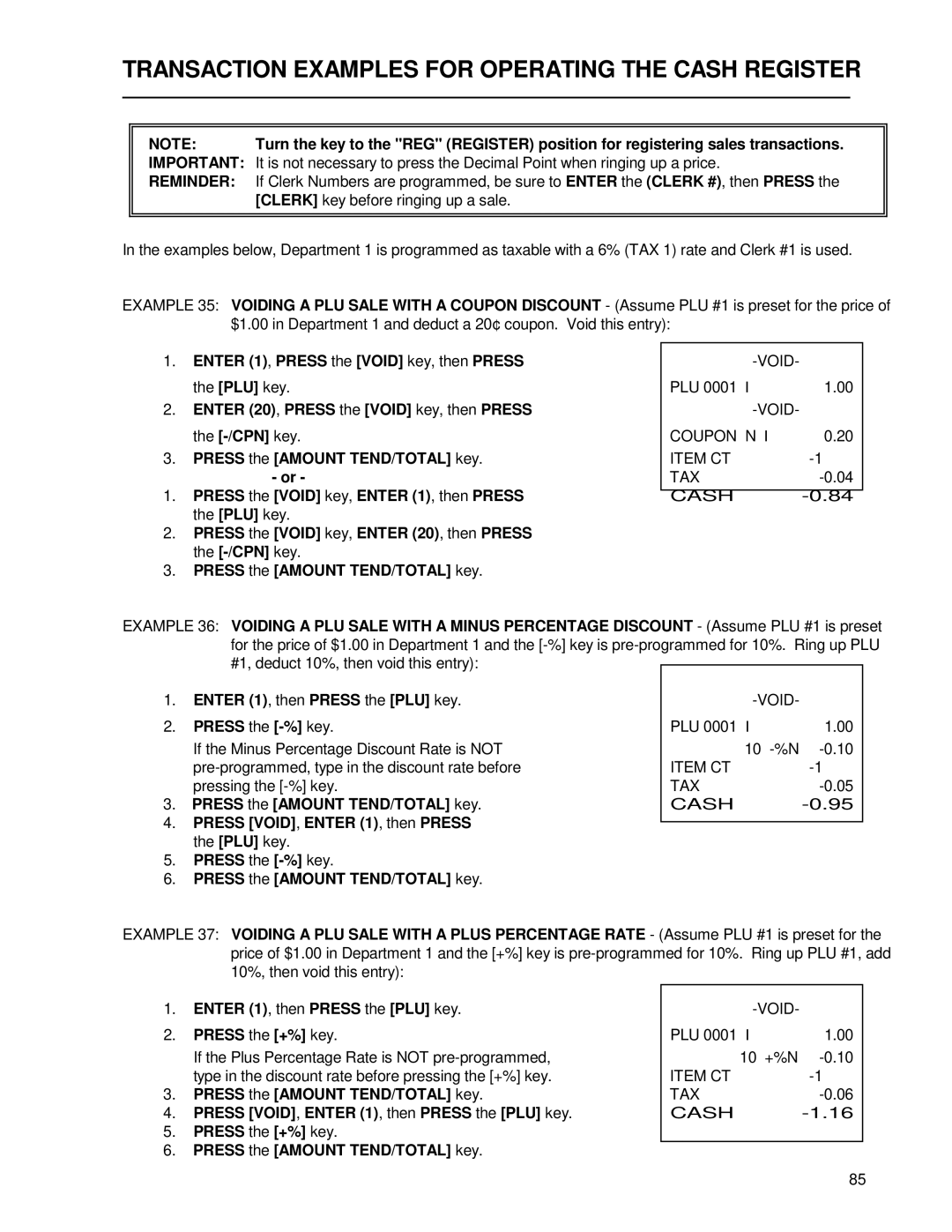 Royal Consumer Information Products ALPHA9155SC manual Press the -% key, Enter 1, then Press the PLU key Press the +% key 