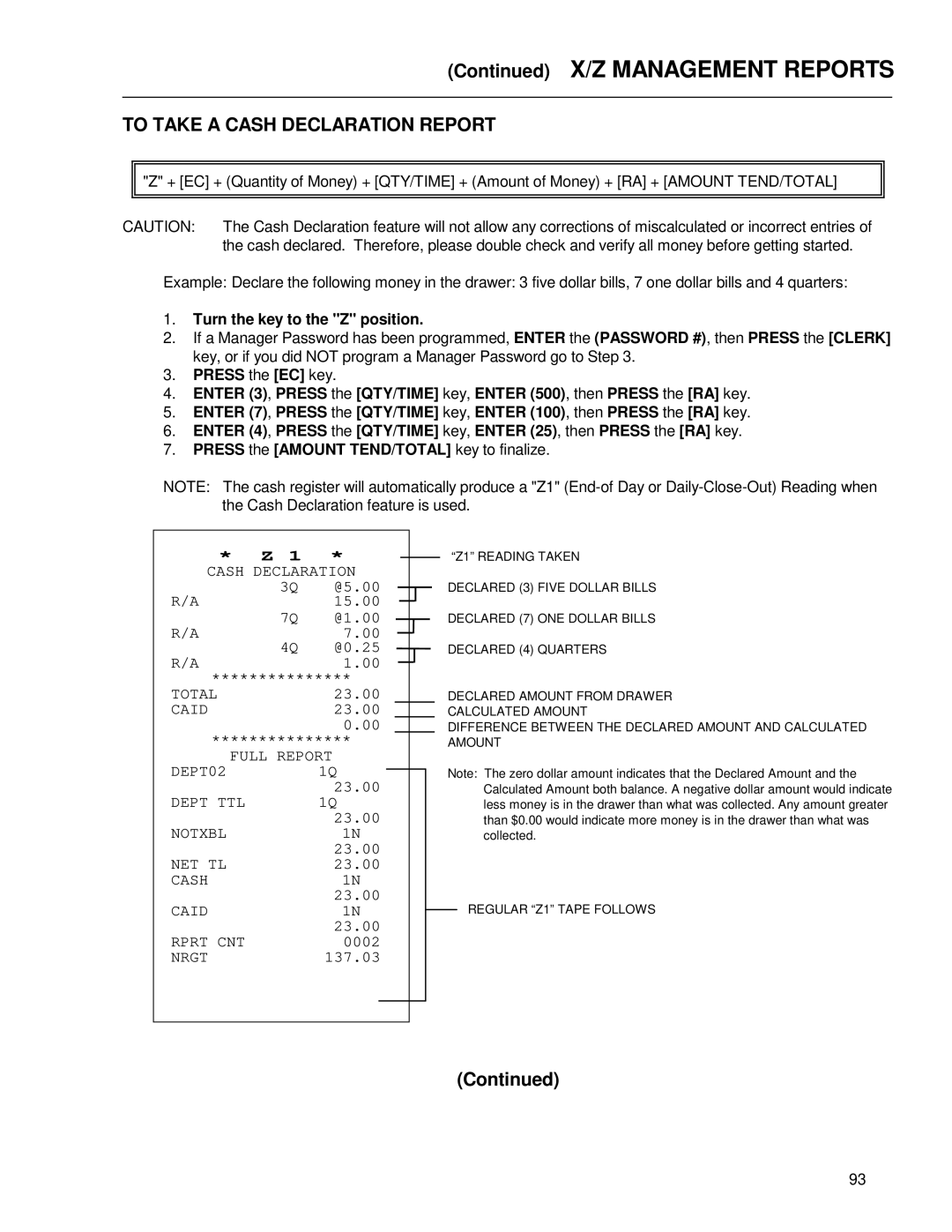 Royal Consumer Information Products ALPHA9155SC manual To Take a Cash Declaration Report, Turn the key to the Z position 