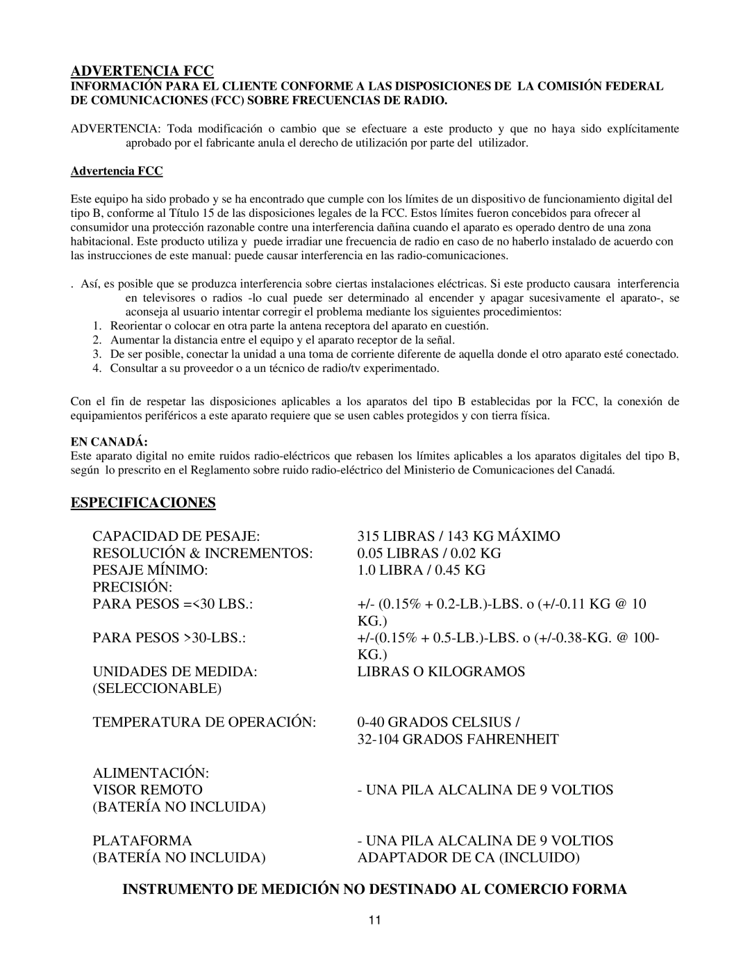 Royal Consumer Information Products eX-315w instruction manual Advertencia FCC, Especificaciones, EN Canadá 