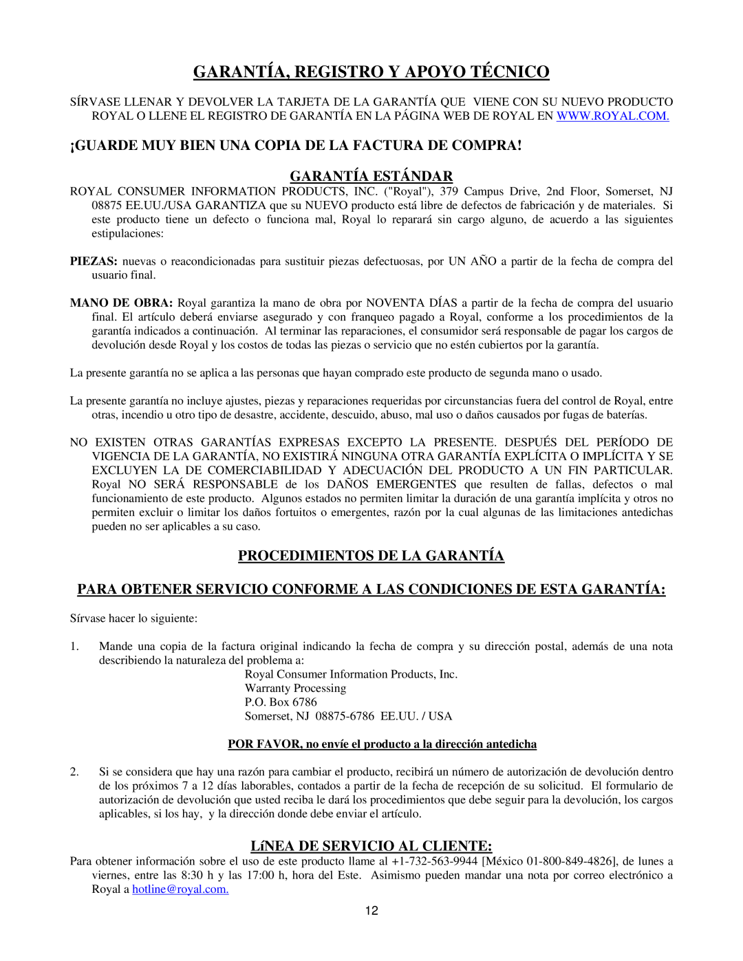 Royal Consumer Information Products eX-315w instruction manual GARANTÍA, Registro Y Apoyo Técnico 