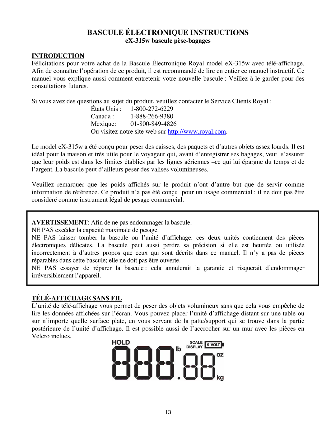 Royal Consumer Information Products eX-315w instruction manual Bascule Électronique Instructions, TÉLÉ-AFFICHAGE Sans FIL 