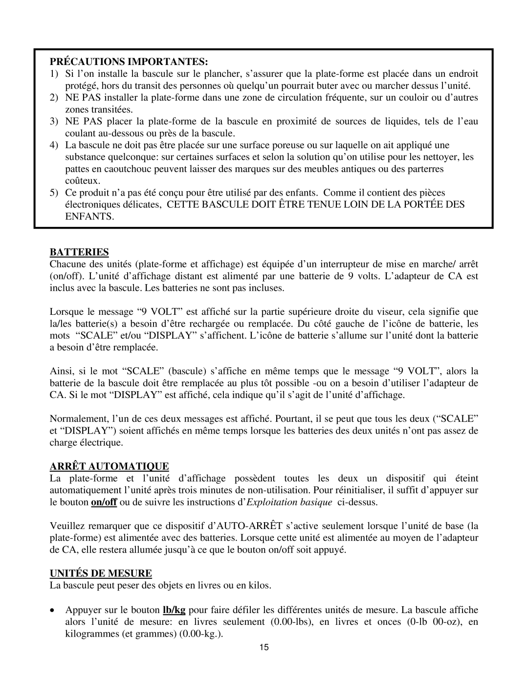 Royal Consumer Information Products eX-315w instruction manual Précautions Importantes, Arrêt Automatique, Unités DE Mesure 