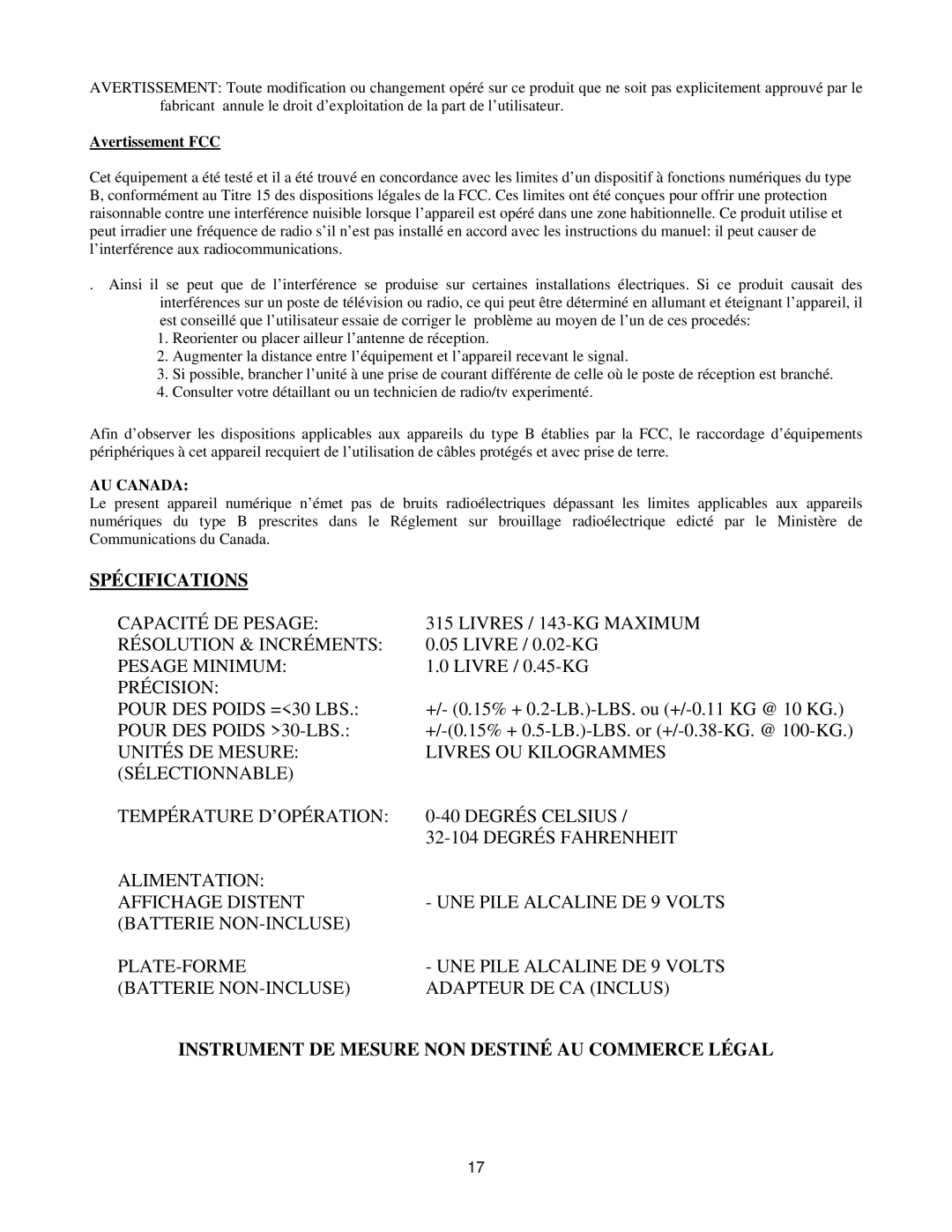 Royal Consumer Information Products eX-315w Spécifications, Instrument DE Mesure NON Destiné AU Commerce Légal, AU Canada 