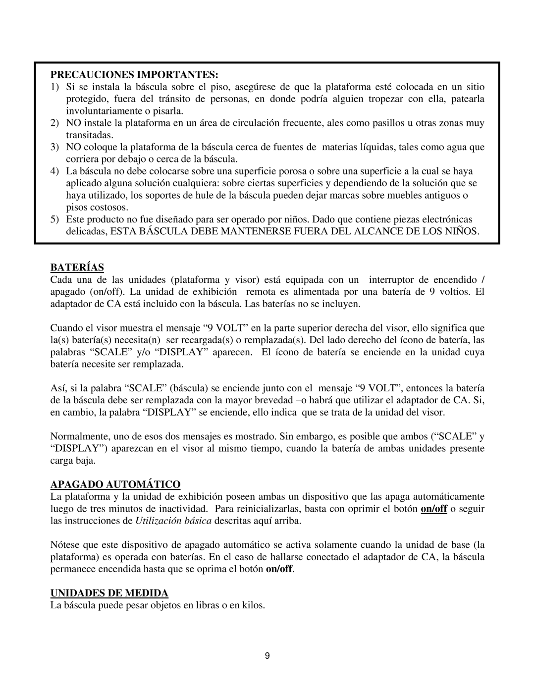 Royal Consumer Information Products eX-315w Precauciones Importantes, Baterías, Apagado Automático, Unidades DE Medida 