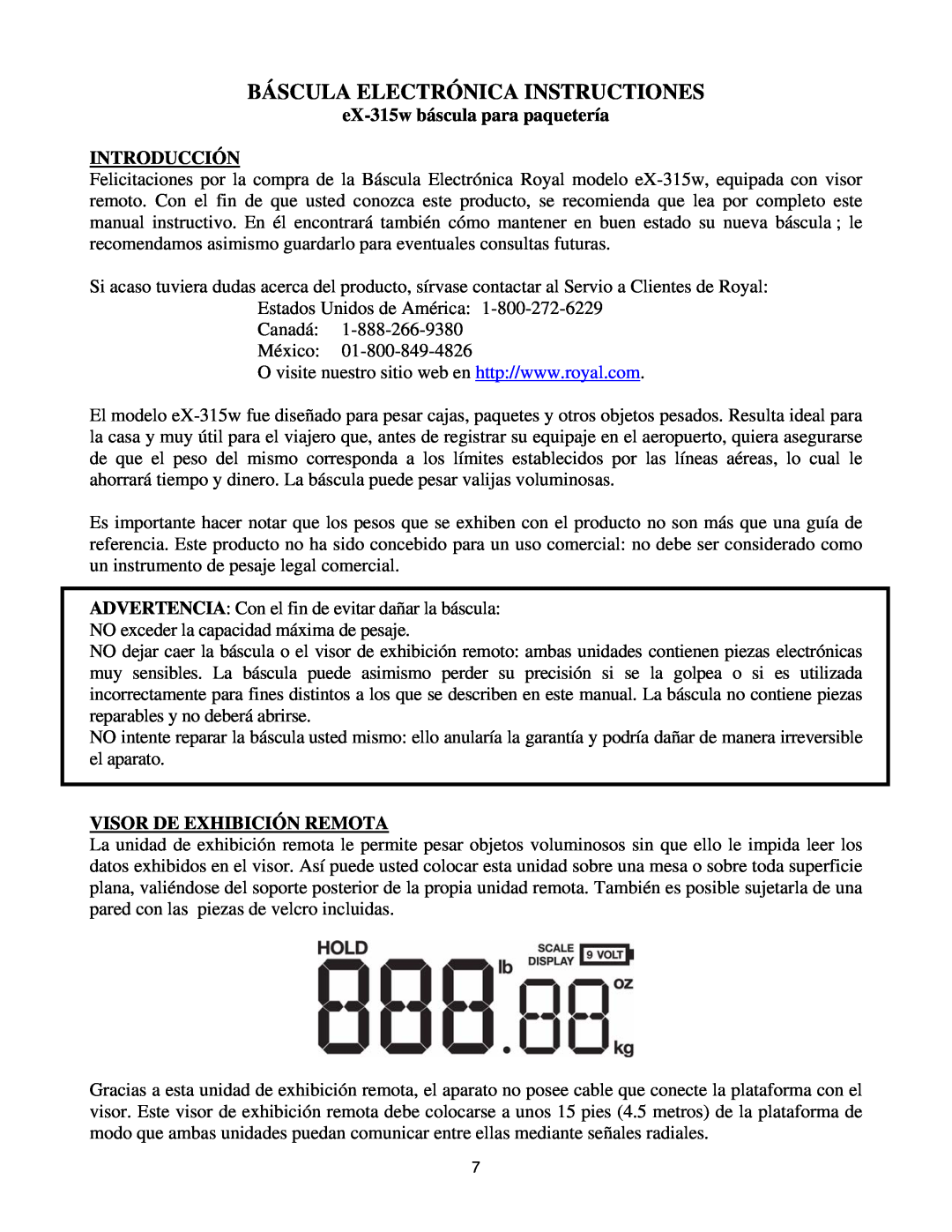 Royal Consumer Information Products eX-315w Báscula Electrónica Instructiones, Visor De Exhibición Remota 
