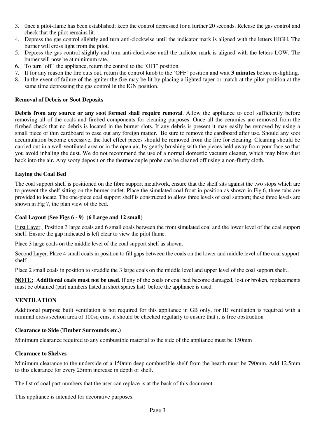 Royal Consumer Information Products Gas Fire manual Coal Layout See Figs 6 9 6 Large and 12 small, Clearance to Shelves 