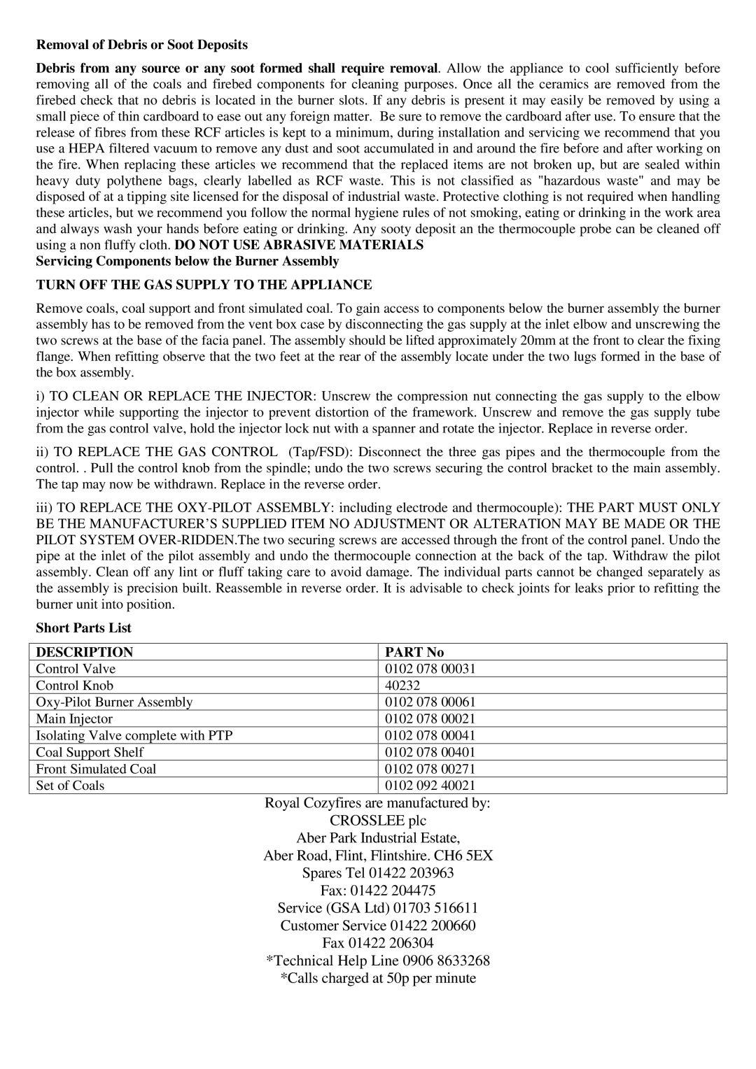 Royal Consumer Information Products Gas Fire manual Turn OFF the GAS Supply to the Appliance, Short Parts List 