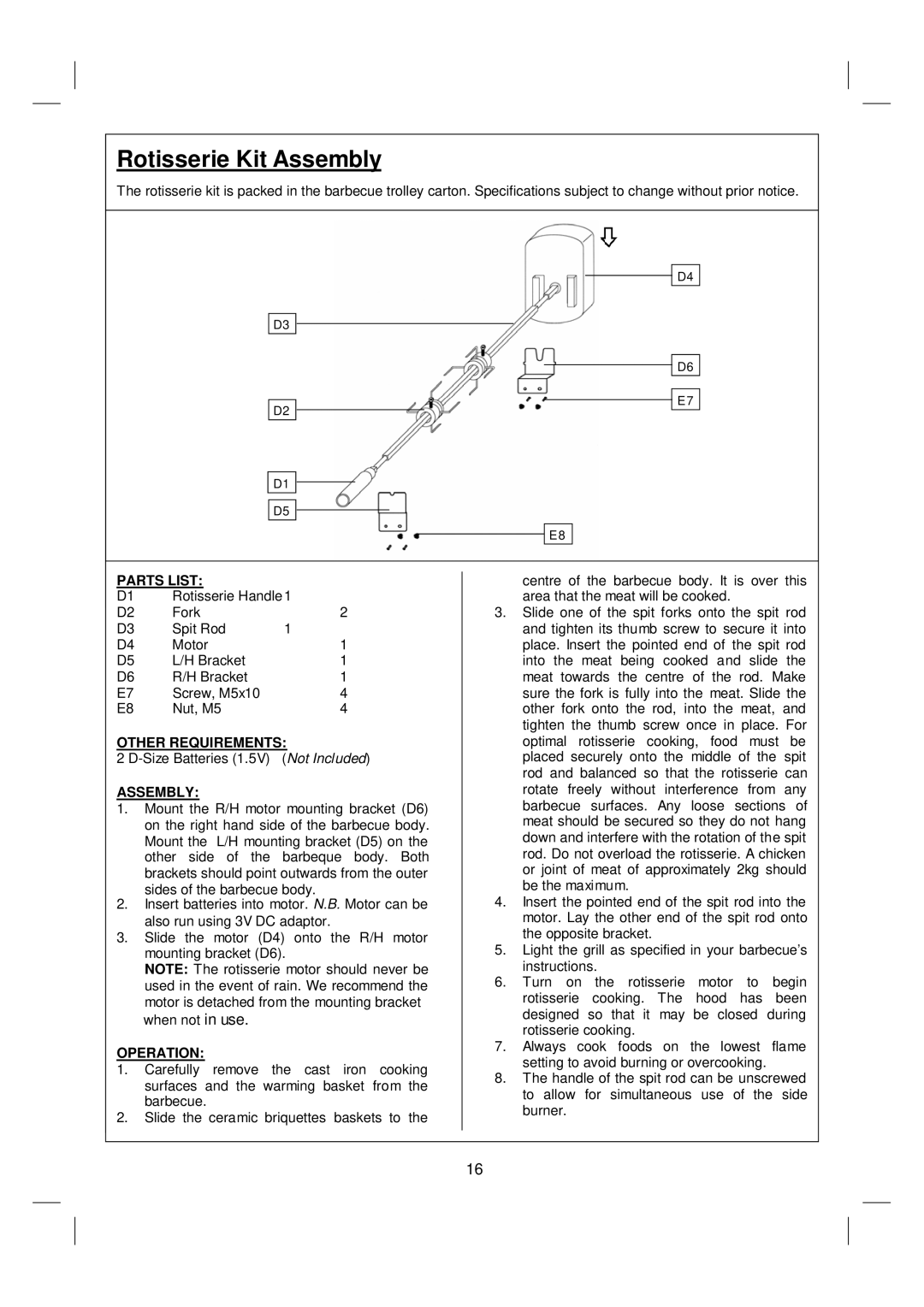 Royal Leisure 359 warranty Rotisserie Kit Assembly 