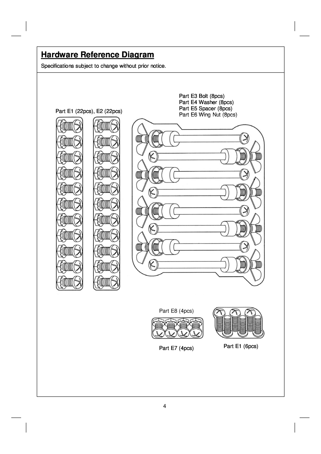 Royal Leisure 359 warranty Hardware Reference Diagram, Part E3 Bolt 8pcs Part E4 Washer 8pcs, Part E8 4pcs, Part E7 4pcs 
