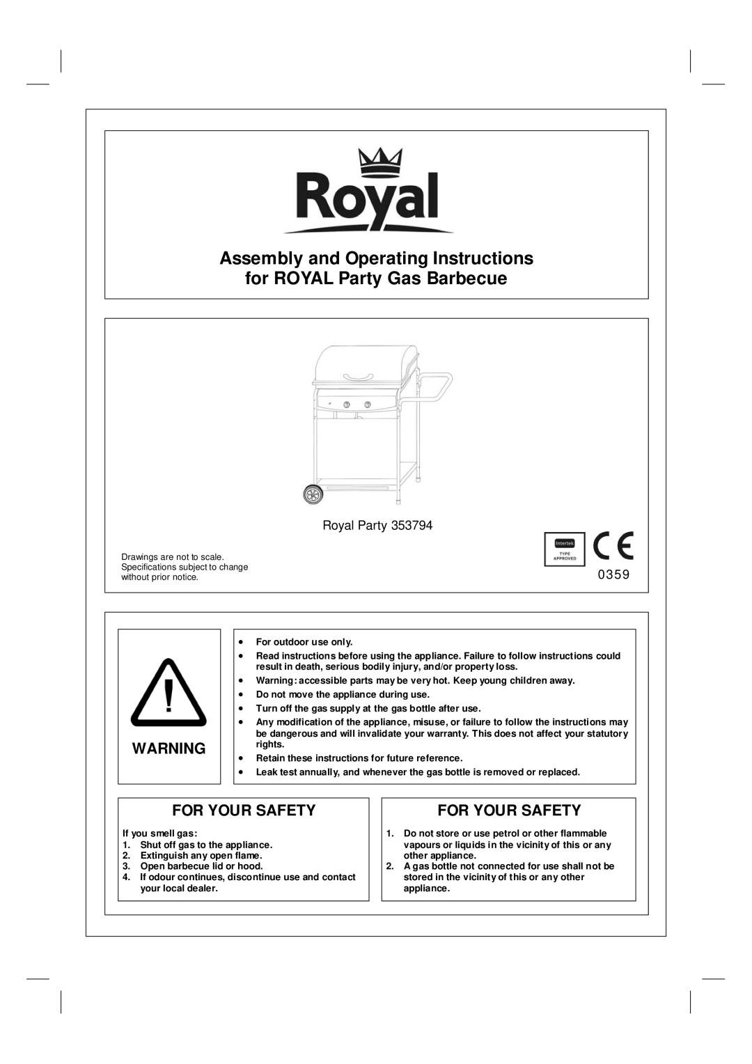 Royal Pacific 353794 manual For Your Safety, 0359 