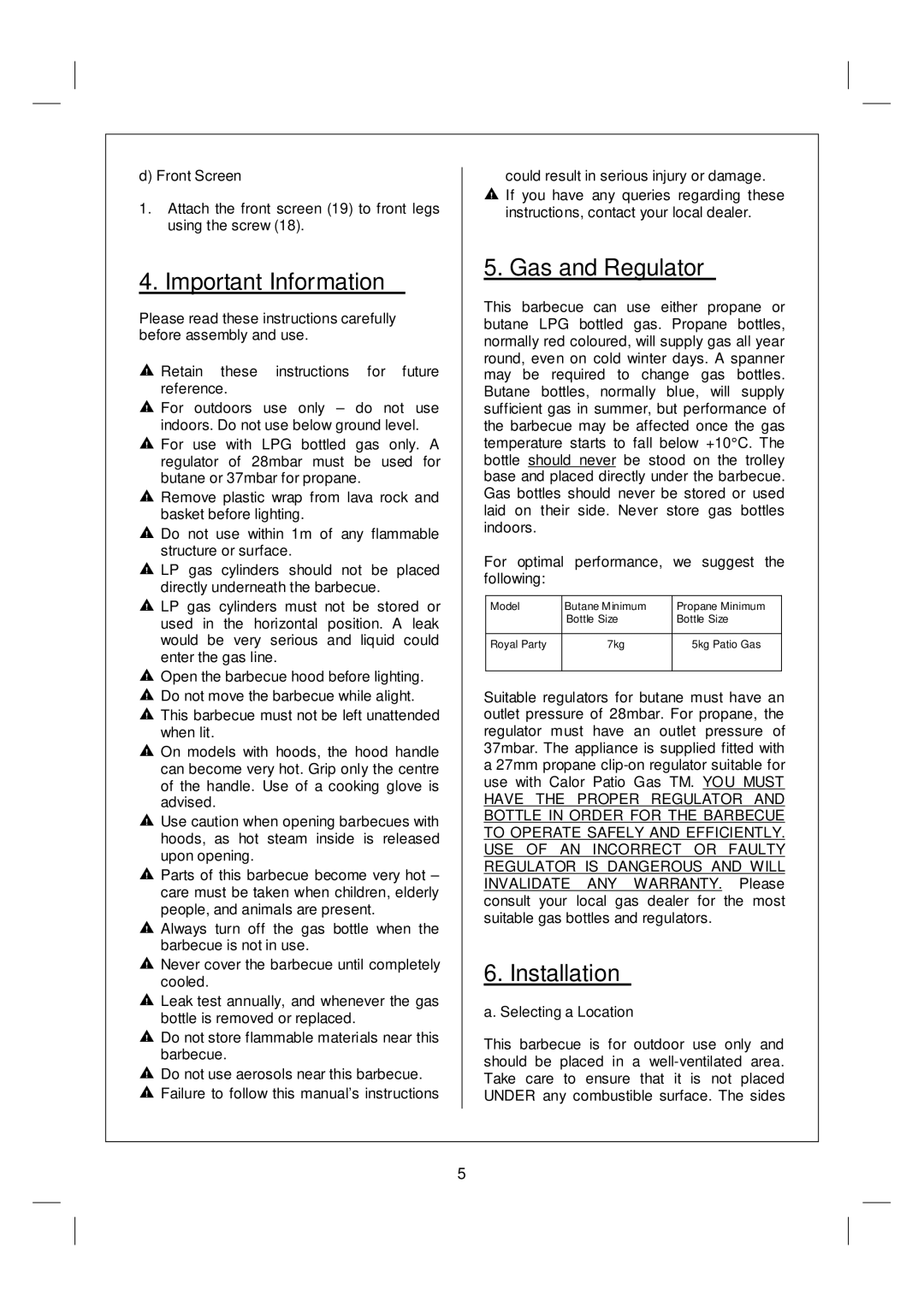 Royal Pacific 353794 manual Important Information, Gas and Regulator, Installation, Front Screen, Selecting a Location 