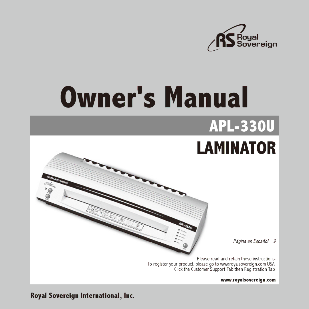 Royal Sovereign APL-330U owner manual Laminator 