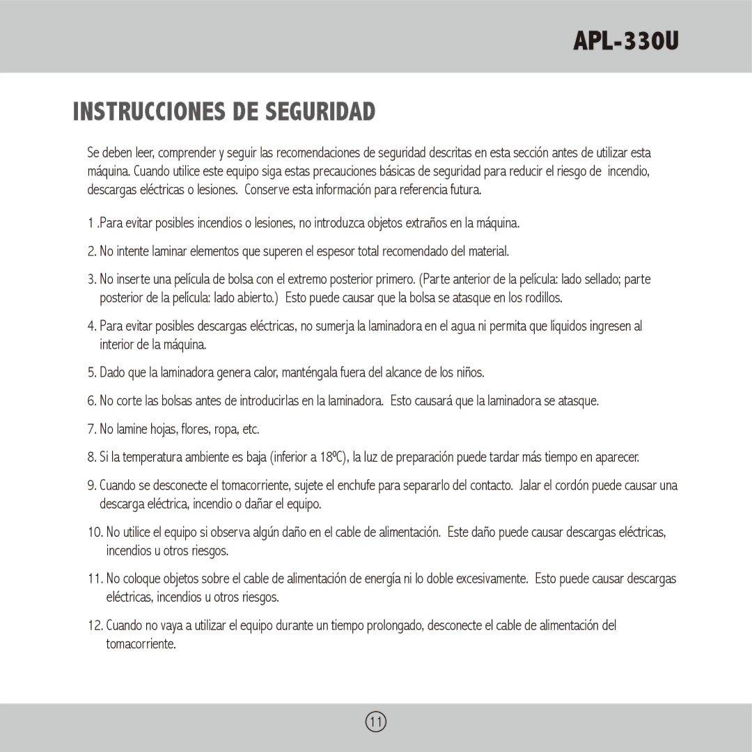 Royal Sovereign APL-330U owner manual Instrucciones DE Seguridad, No lamine hojas, flores, ropa, etc 