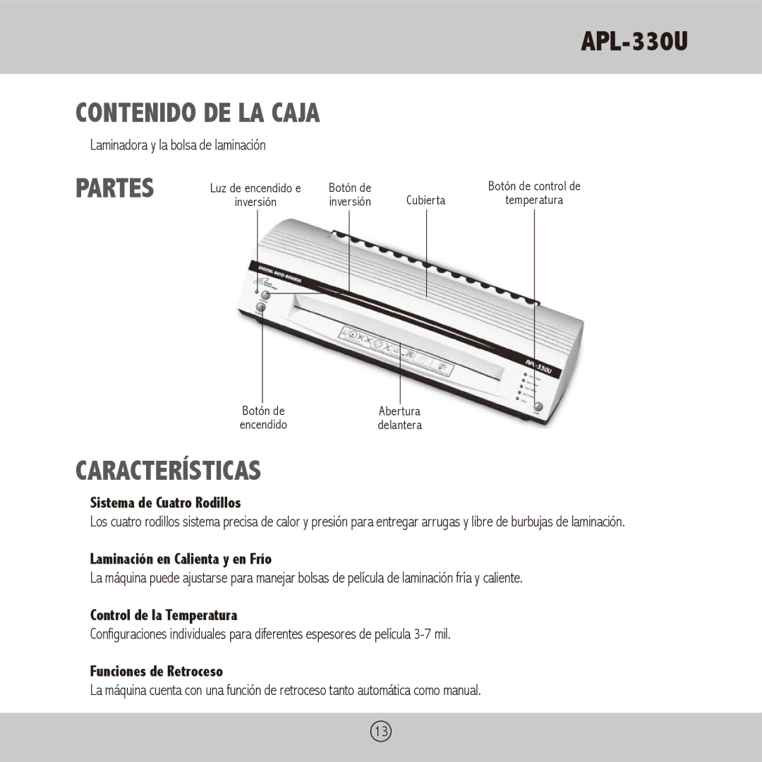 Royal Sovereign APL-330U owner manual Contenido DE LA Caja, Partes, Características 